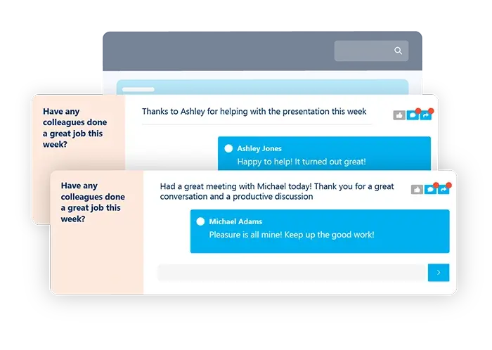 Engage365 peer recognition prompts thanking colleagues for great work
