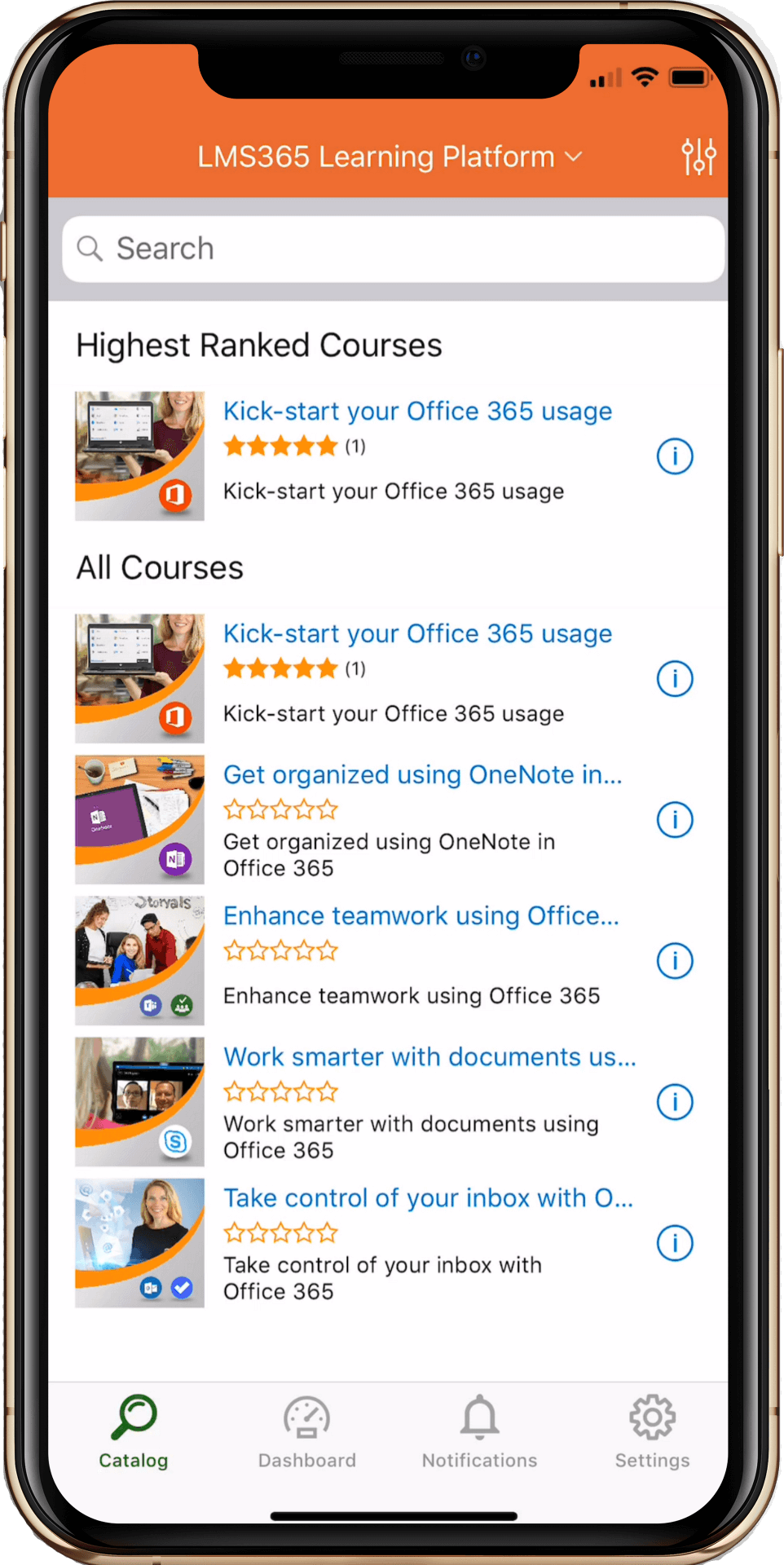 The Learn365 mobile app showing the course catalogue