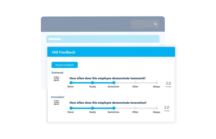 Perform365 360 feedback interface with sliding scales for teamwork and innovation